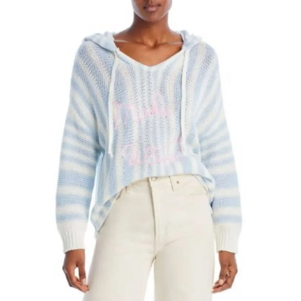 Vintage Havana Blue & White Striped Hooded Knit Sweater with Pink Script
